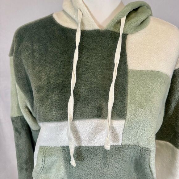 Abercrombie Social Scene 70s vibe green fleece patchwork cropped hoodie small - Picture 2 of 5
